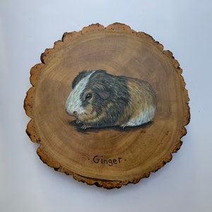May include: A painted wooden slice with a brown and white guinea pig, named "Ginger", on it.