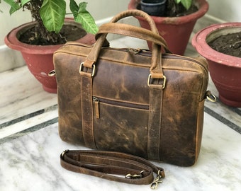 Genuine Vintage Brown Leather Laptop Bag, Cross Body Office Briefcase Bag, Free Initials, Best Mother's Day Gift , Gift for Him & Her