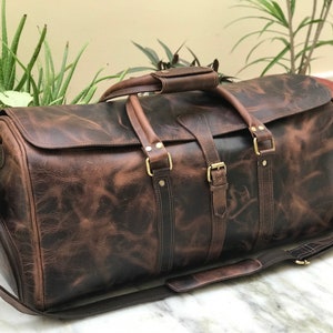 Handmade Hunter Brown Leather Weekender Travel Bag Perfect Gift for Him & Her, image 4