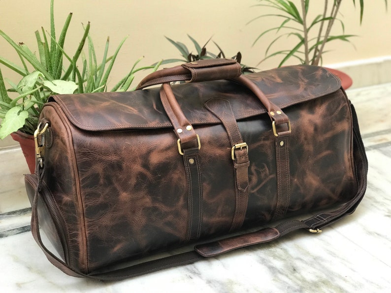 Handmade Hunter Brown Leather Weekender Travel Bag Perfect Gift for Him & Her, image 4