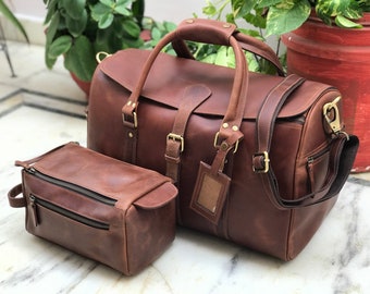 Medium Brown Leather Travel Bag with Makeup Kit, Women Bag and Purses Mens Overnight Bag for Aged People, Mother's Day Sale