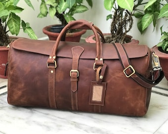 Bolso de fin de semana de cuero marrón Hunter, Duffle de viaje hecho a mano para mujeres, bolso para hombre, equipaje Holdall, Duffle deportivo de equipaje, bolsos Duffle para mujer