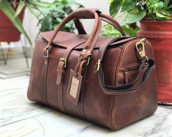 Medium Brown Leather Hunter Weekender Bag Women Bags and Purses Mens Overnight Bag for Aged People, New Year Sale