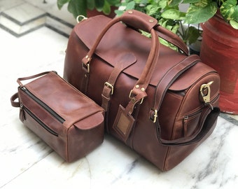 Combo Offer: Medium Brown Leather Travel Bag with Makeup Kit, Women Bags and Purses Mens Overnight Bag for Aged People, New Year Sale