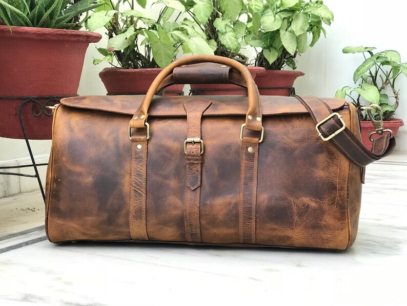 22 Inch Hunter Brown Leather Weekender Bag Women Handmade Travel Duffle Mens Overnight Holdall Luggage Gift