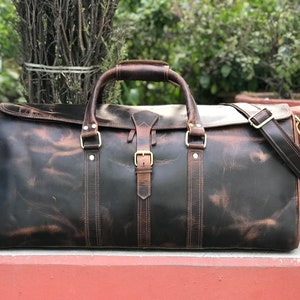 Handmade Hunter Brown Leather Weekender Travel Bag Perfect Gift for Him & Her, image 6
