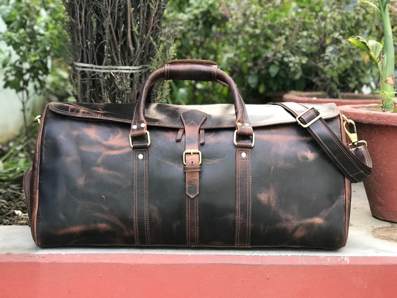 Handmade Hunter Brown Leather Weekender Travel Bag Perfect Gift for Him & Her, image 6