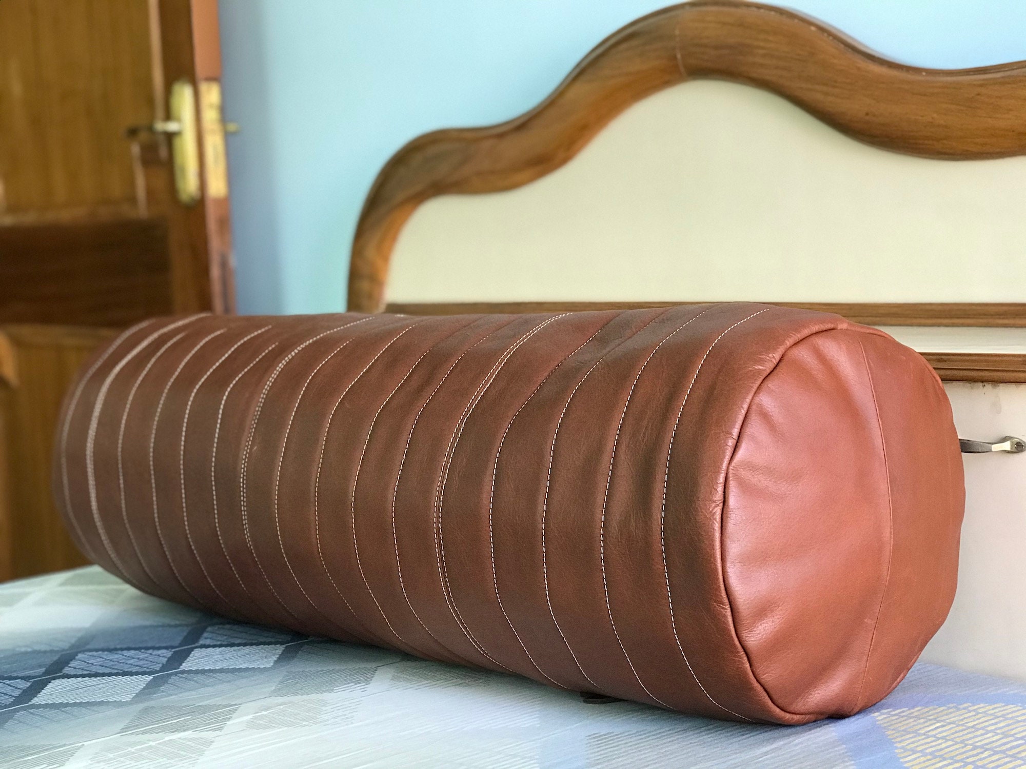 thumbnail image 2 of Brown & Tan Mottled Faux Leather Round Bolster Cushion With Inner Filler Pad – 20" X 19" Circumference 2 of 4