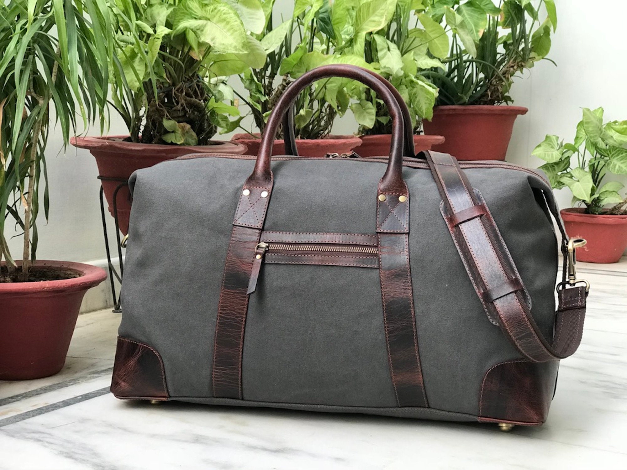 Canvas Leather Travel Luggage Bag for Day Trip Grey Colour Etsy UK