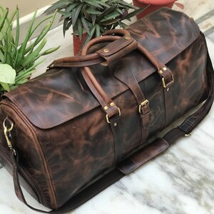 Handmade Hunter Brown Leather Weekender Travel Bag Perfect Gift for Him & Her, image 10