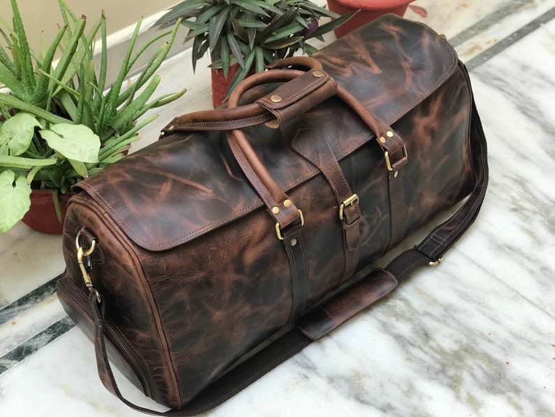 Handmade Hunter Brown Leather Weekender Travel Bag Perfect Gift for Him & Her, image 10