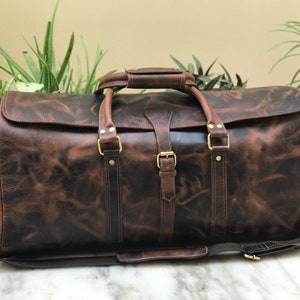 Handmade Hunter Brown Leather Weekender Travel Bag Perfect Gift for Him & Her, image 2