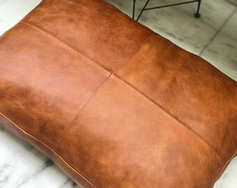 Customized Genuine Leather Seat Cushion Cover, Personalized Dog Accessories, Tan Brown Meditation Cushion, Floor Cushion Cover, Pet Cushion