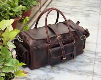 Personalized Buffalo Leather Weekender Travel Bag, Dark Brown Duffle Luggage