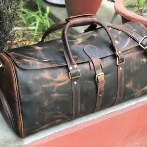 Handmade Hunter Brown Leather Weekender Travel Bag Perfect Gift for Him & Her, image 7