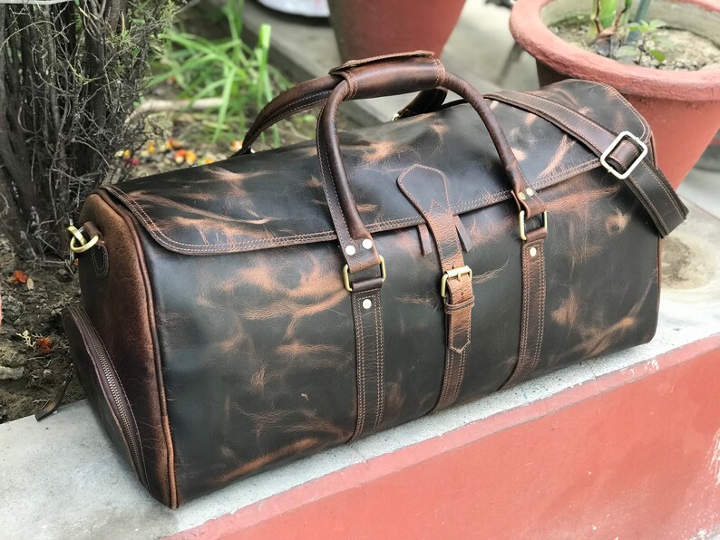 Handmade Hunter Brown Leather Weekender Travel Bag Perfect Gift for Him & Her, image 7