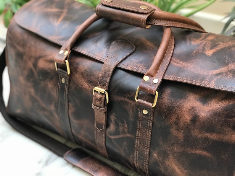 Handmade Hunter Brown Leather Weekender Travel Bag Perfect Gift for Him & Her, image 3