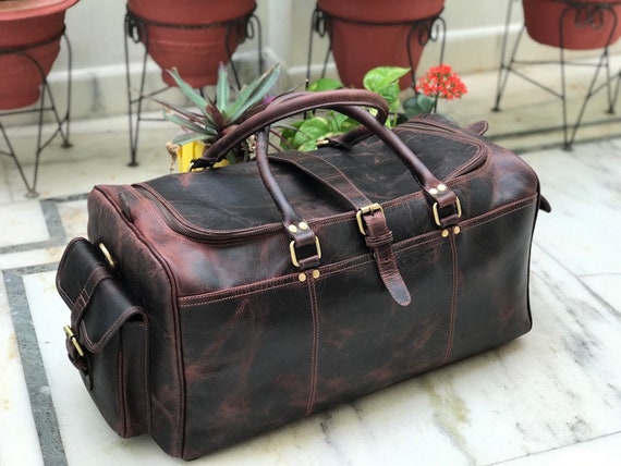 24 Inch Chocolate Brown Genuine Hunter Leather Duffle | Etsy