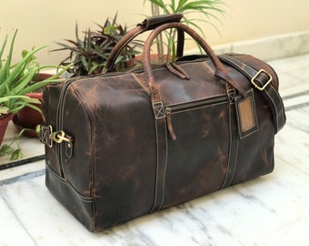 20 Inch Leather Travel Weekend Bag for Men, Leather Travel Bag, Leather Gym Bag, Overnight Travel Bag, Mens Duffle Bag