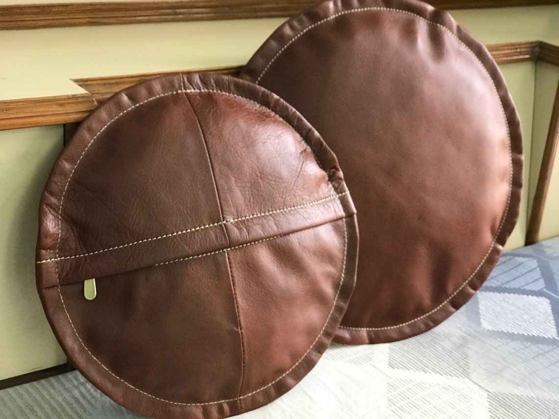 Round Leather Cushion Cover Custom Size Gift for Him Etsy