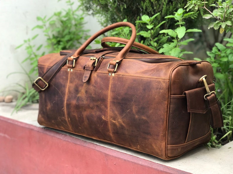 24 Inch Hunter Brown Genuine Leather Weekend Bag Duffle Mens Travel Weekender Cabin Free Personalisation Gift For Him