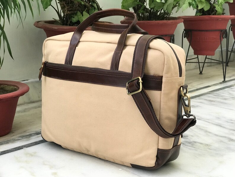 Cream Waxed Canvas Laptop Bag Leather Portfolio Bag Eco Etsy