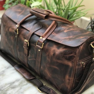 Handmade Hunter Brown Leather Weekender Travel Bag Perfect Gift for Him & Her, image 1