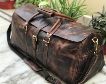 Handmade Hunter Brown Leather Weekender Travel Bag - Perfect Gift for Him & Her,