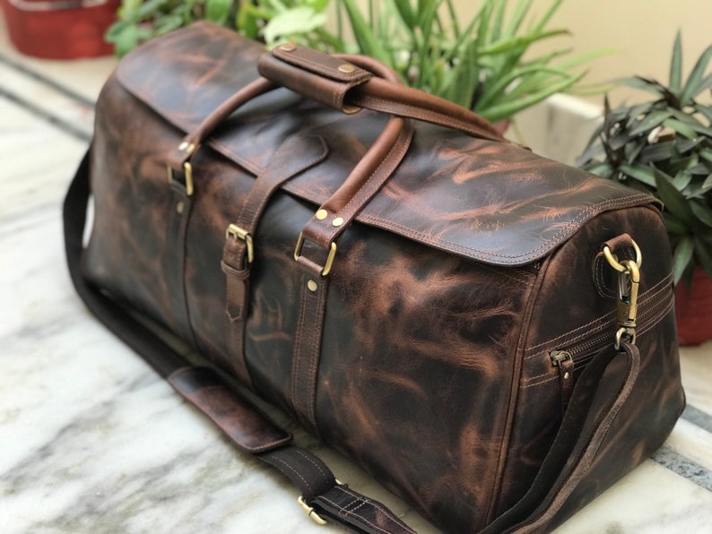 Handmade Hunter Brown Leather Weekender Travel Bag Perfect Gift for Him & Her, image 1