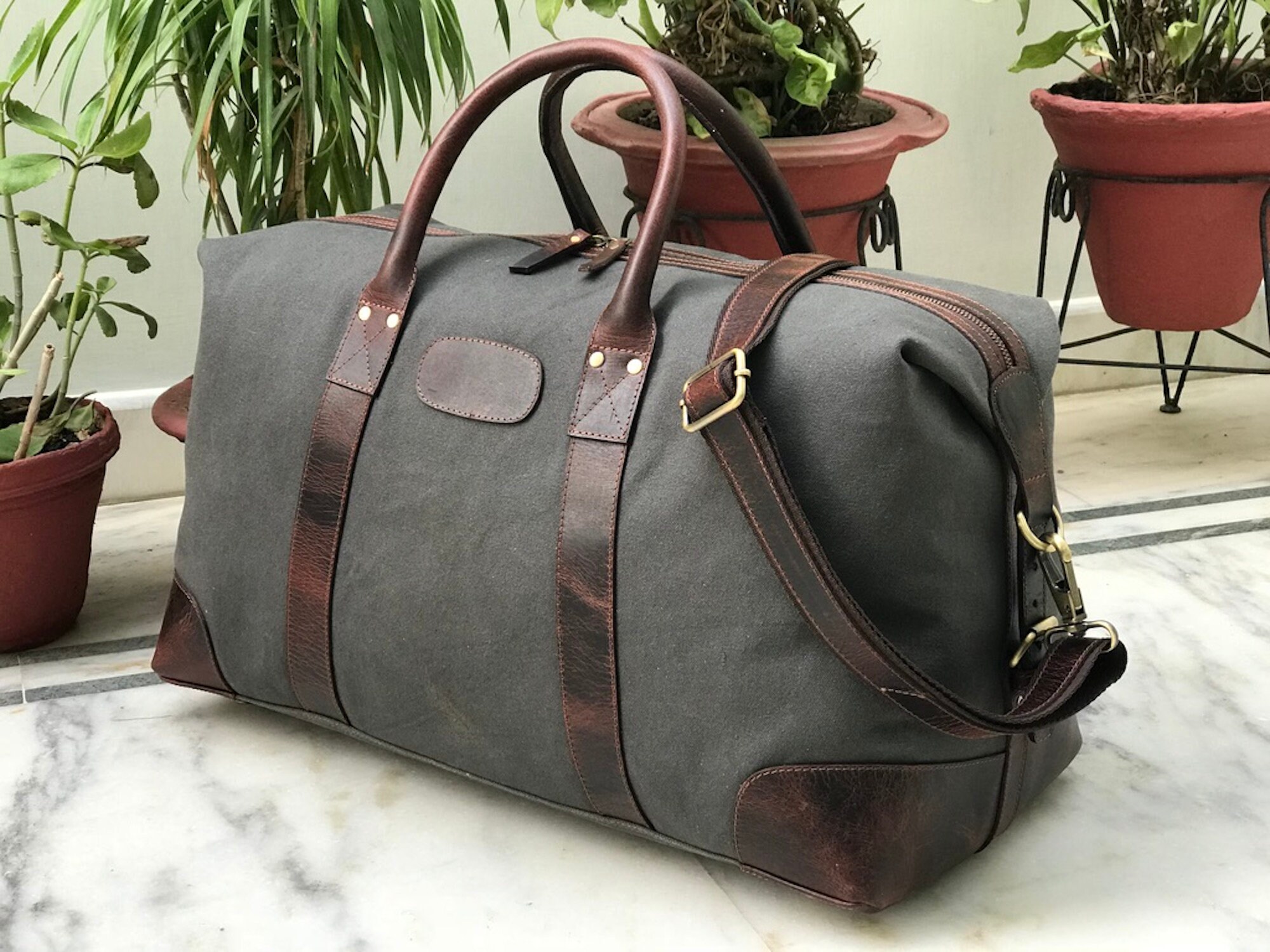 Canvas Leather Travel Luggage Bag for Day Trip Grey Colour Etsy