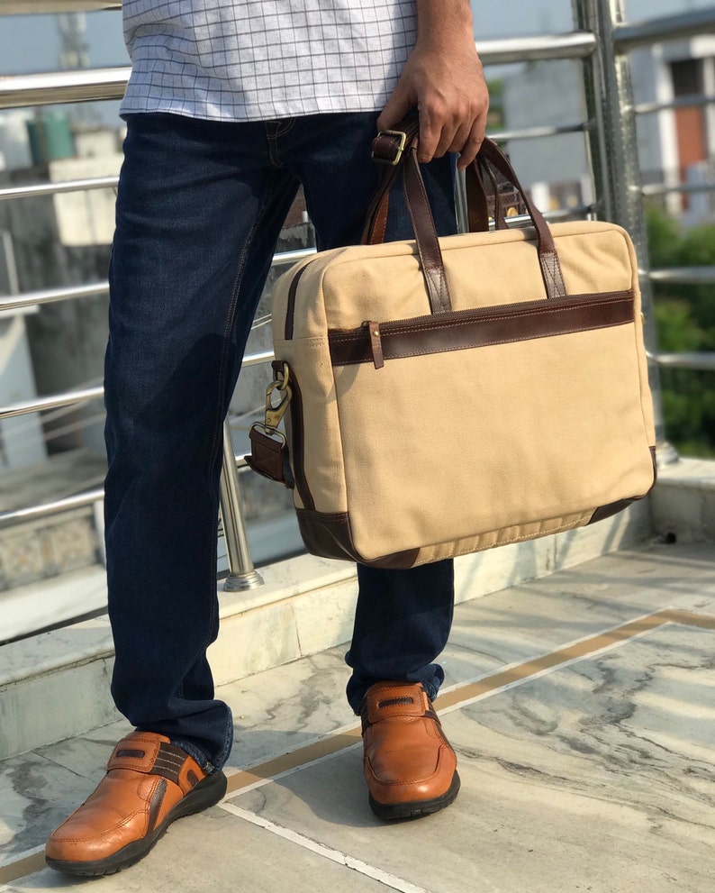 Cream Waxed Canvas Laptop Bag Leather Portfolio Bag Eco - Etsy