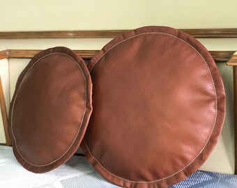 Handmade Round Leather Cushion Cover: Full Grain Brown Throw Pillow