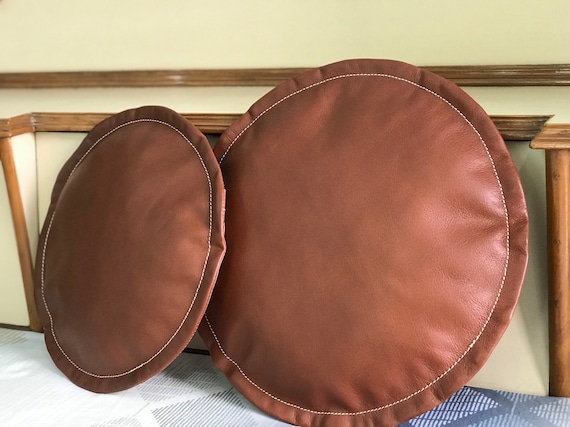 Handmade Round Leather Cushion Cover: Full Grain Brown Throw Pillow