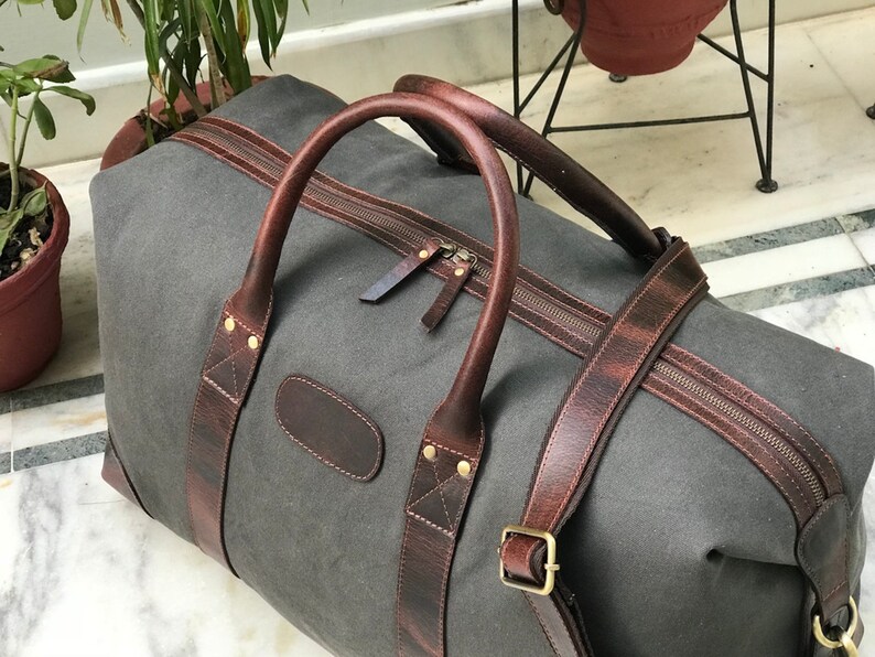 Canvas Leather Travel Luggage Bag for Day Trip Grey Colour Etsy UK