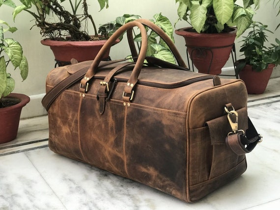 Brown 94 Handcrafted Exports Vintage Leather Duffel Round Shoulder Bag