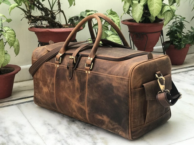 24 Inch Hunter Brown Genuine Leather Weekend Bag Duffle Mens Travel Weekender Cabin Free Personalisation Gift For Him