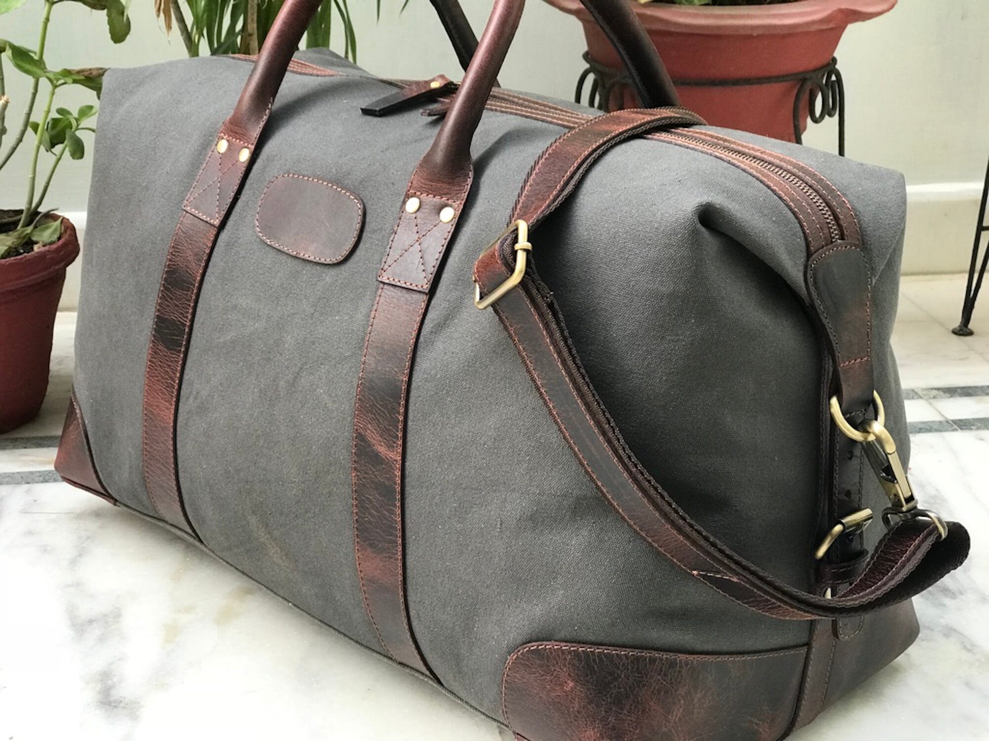 Canvas Leather Travel Luggage Bag for Day Trip Grey Colour Etsy
