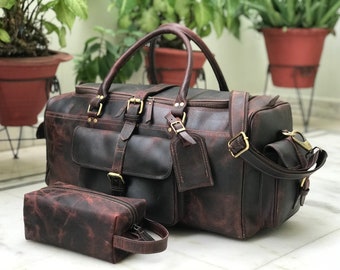 Handmade Buffalo Leather Duffle Bag: 24-inch Weekender Travel Bag