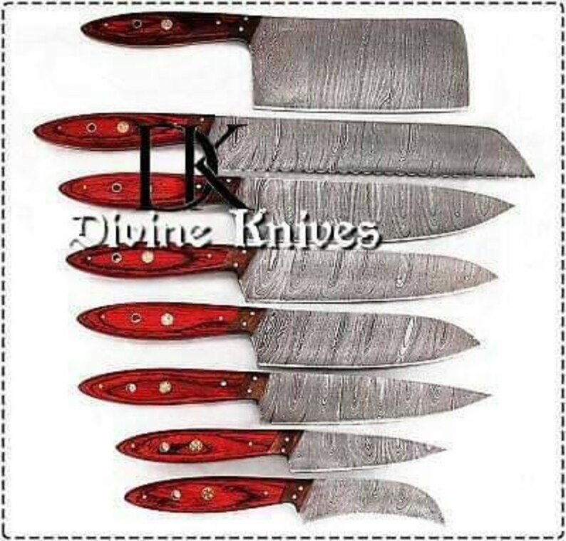 8 Pc S High Quality Hand Forged Damascus Steel Kitchen Knives Set With Red Pakkawood Walnut Bolsters Dk 0007 Cutting Papercraft Kromasol Com