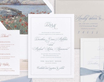 Elegant Coastal Wedding Invitation, Beach Wedding Invitation, Summer Floral Wedding Invitation, Watercolor Beach Wedding Invitation - SAMPLE