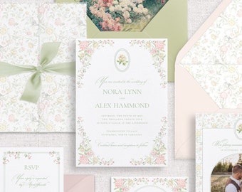 Floral Wedding Invitation, Whimsical Garden Wedding Invitation, Vintage Floral Wedding Invitation, Elegant Floral Wedding Invitation -SAMPLE