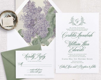 Spring Floral Wedding Invitation, Vintage Floral Wedding Invitation, Botanical Wedding Invitation, Lilac and Green Wedding Invitation-SAMPLE