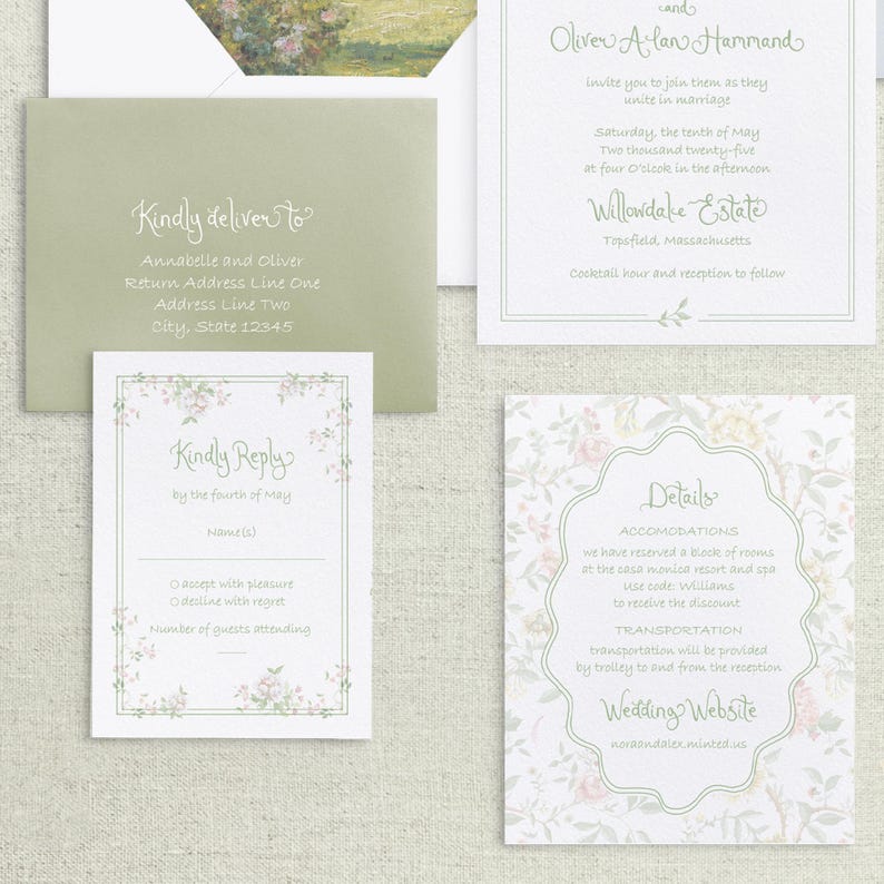 May include: Wedding invitation suite with a floral design. The invitation card features a green and white floral pattern with the text "Olive & Alan Hammond" and "Willowdake Estate". The RSVP card has a floral border and the text "Kindly Reply". The details card has a floral border and the text "Details".