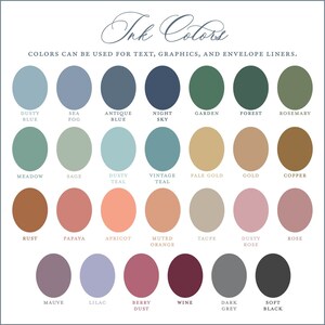 May include: A colour palette chart with 24 different ink colours, including dusty blue, sea fog, antique blue, night sky, garden, forest, rosemary, meadow, sage, dusty teal, vintage teal, pale gold, gold, copper, rust, papaya, apricot, muted orange, taupe, dusty rose, rose, mauve, lilac, berry dust, wine, dark grey, and soft black.