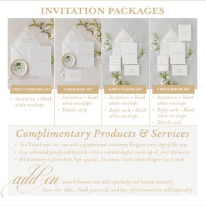 May include: Invitation packages for weddings or special events. Choose from 2, 3, 4, or 5 piece sets. Includes invitation, envelope, reply card, and details card.  Complimentary products and services include unlimited proofs and revisions with a realistic digital mock-up of your stationery. All stationery is printed on high-quality, luxurious 120lb white designer card stock.