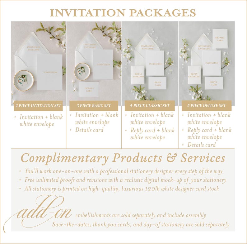 May include: Invitation packages for weddings or special events. Choose from 2, 3, 4, or 5 piece sets. Includes invitation, envelope, reply card, and details card.  Complimentary products and services include unlimited proofs and revisions with a realistic digital mock-up of your stationery. All stationery is printed on high-quality, luxurious 120lb white designer card stock.