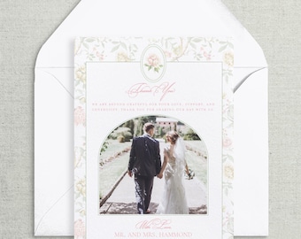 Nora Lynn | Folded Personalized floral thank you cards with wedding photo; elegant floral wedding thank you notes