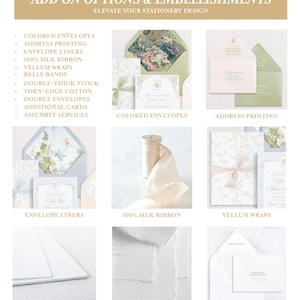 May include: A collage of images showcasing various add-on options and embellishments for stationery, including colored envelopes, address printing, envelope liners, silk ribbon, vellum wraps, double-thick stock, hand-torn cotton, and double envelopes.