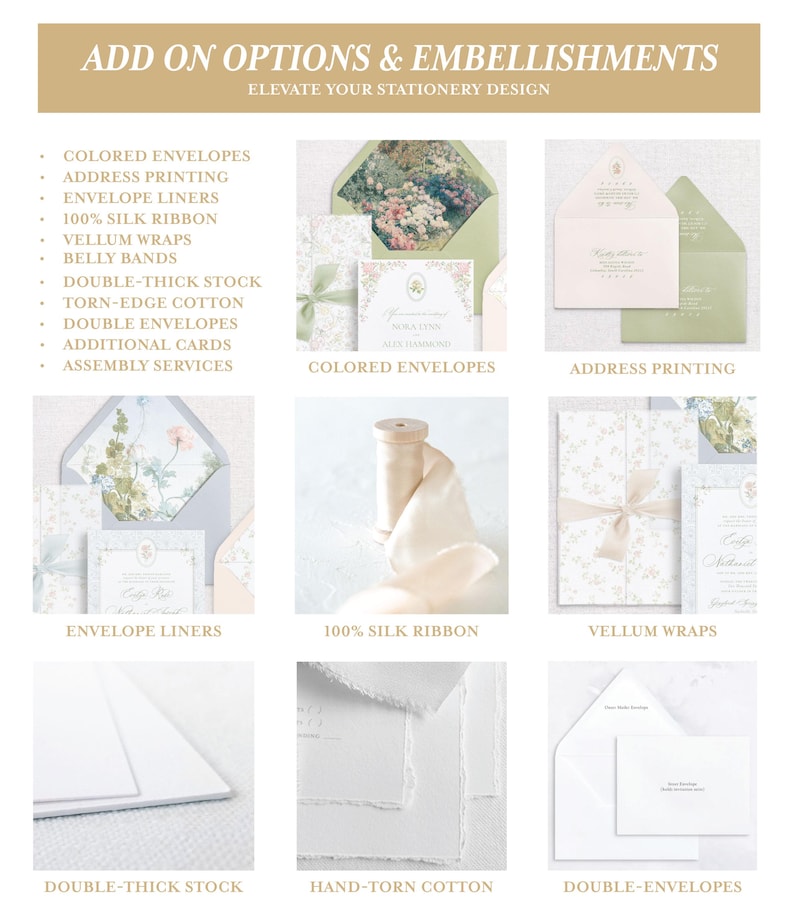 May include: A collage of images showcasing various add-on options and embellishments for stationery, including colored envelopes, address printing, envelope liners, silk ribbon, vellum wraps, double-thick stock, hand-torn cotton, and double envelopes.