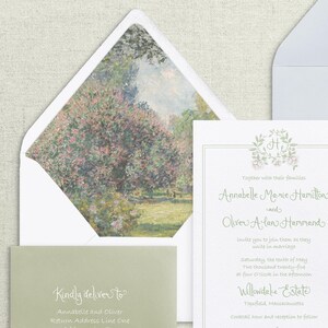 May include: A wedding invitation with a green and white floral design. The invitation is for Annabelle Marie Hamilton and Oliver Alan Hammand. The invitation states that the wedding will take place on Saturday, the tenth of May, two thousand twenty-five at four o'clock in the afternoon at Willowdake Estate in Topsfield, Massachusetts.  Cocktail hour and reception to follow.